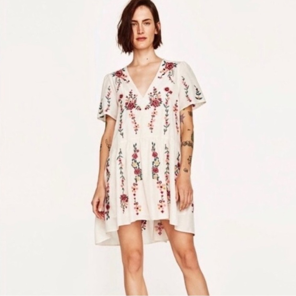 Zara White High Low Dress with Floral Embroidery